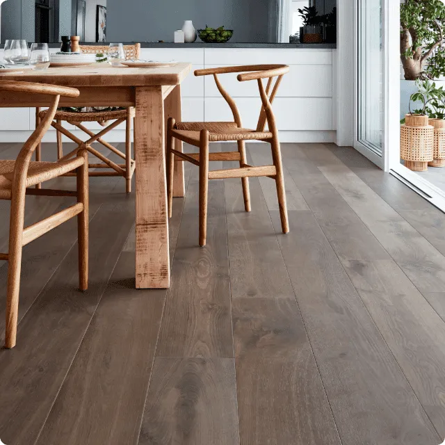 Hardwood Prestige Oak 15.4mm Colour Castle Grey flooring sample. Elegant and durable hardwood flooring option for modern interiors